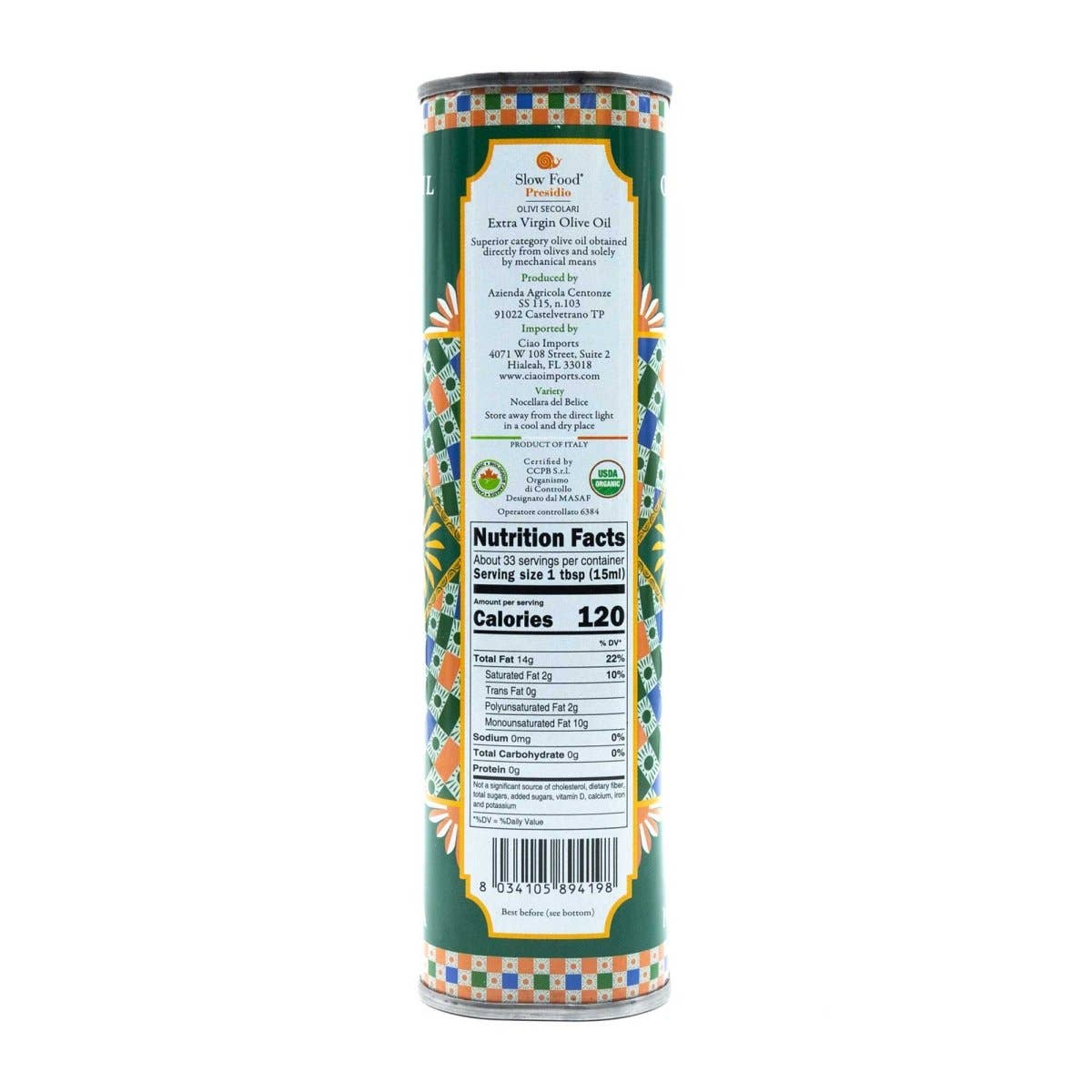 Centonze, 'Case di Latomie' Organic Extra Virgin Olive Oil, Iconic Tin (500ml/16.9 fl oz)