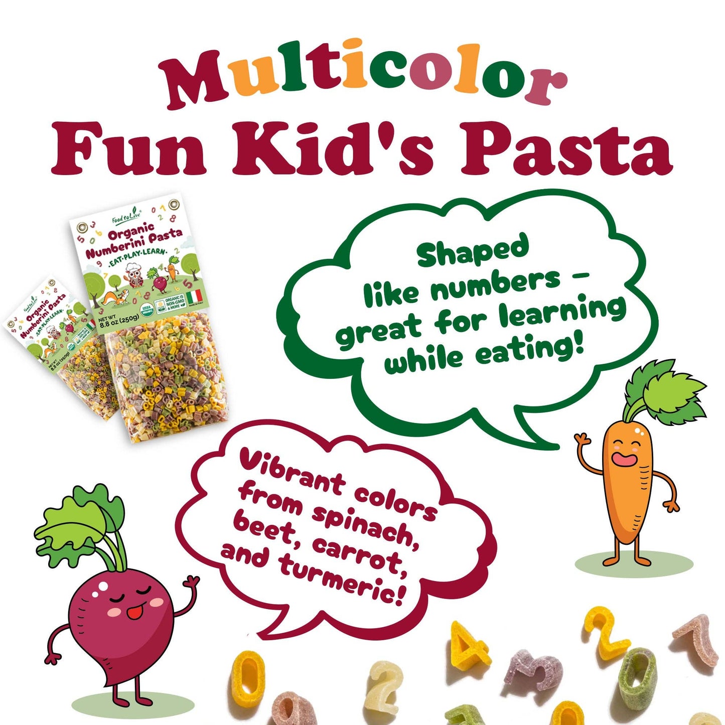 Organic Numberini Pasta, 8.8 oz(Pack of 24) - Eat Play Learn