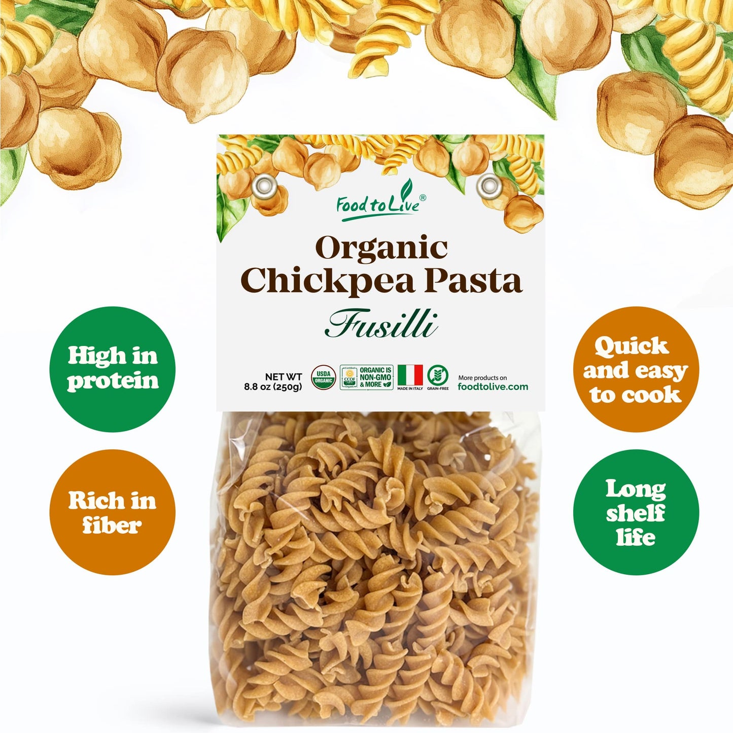 Organic Chickpea Fusilli Pasta, 8.8 OZ – Non-GMO, Vegan