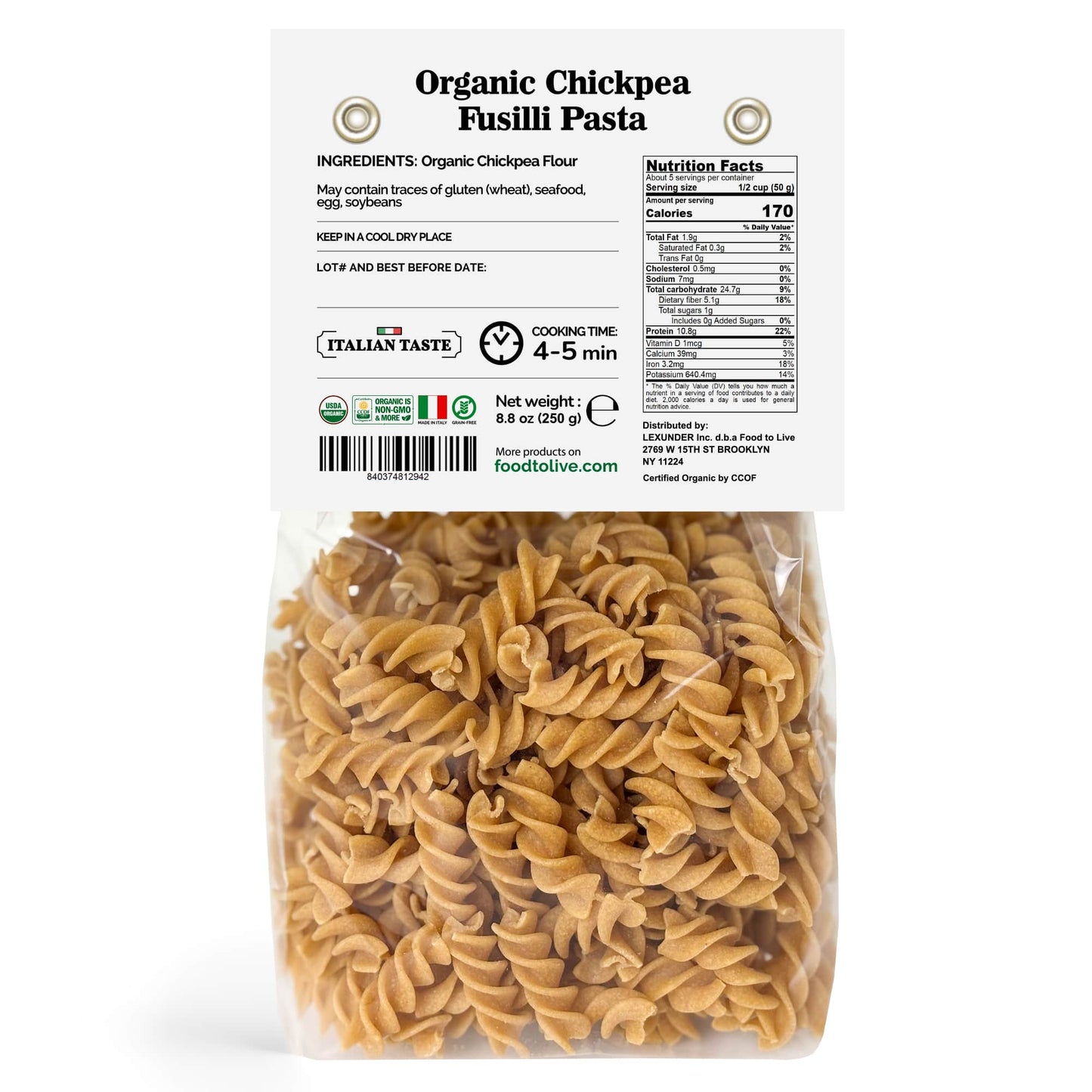Organic Chickpea Fusilli Pasta, 8.8 OZ – Non-GMO, Vegan