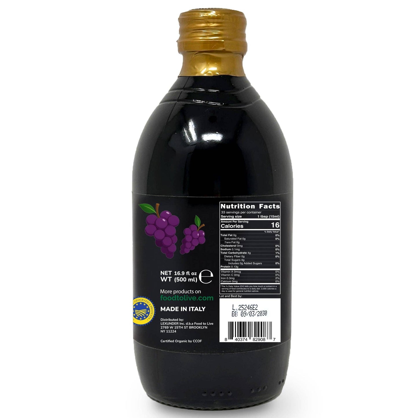Food To Live Organic Balsamic Vinegar of Modena -16.9 fl oz (500 ml)