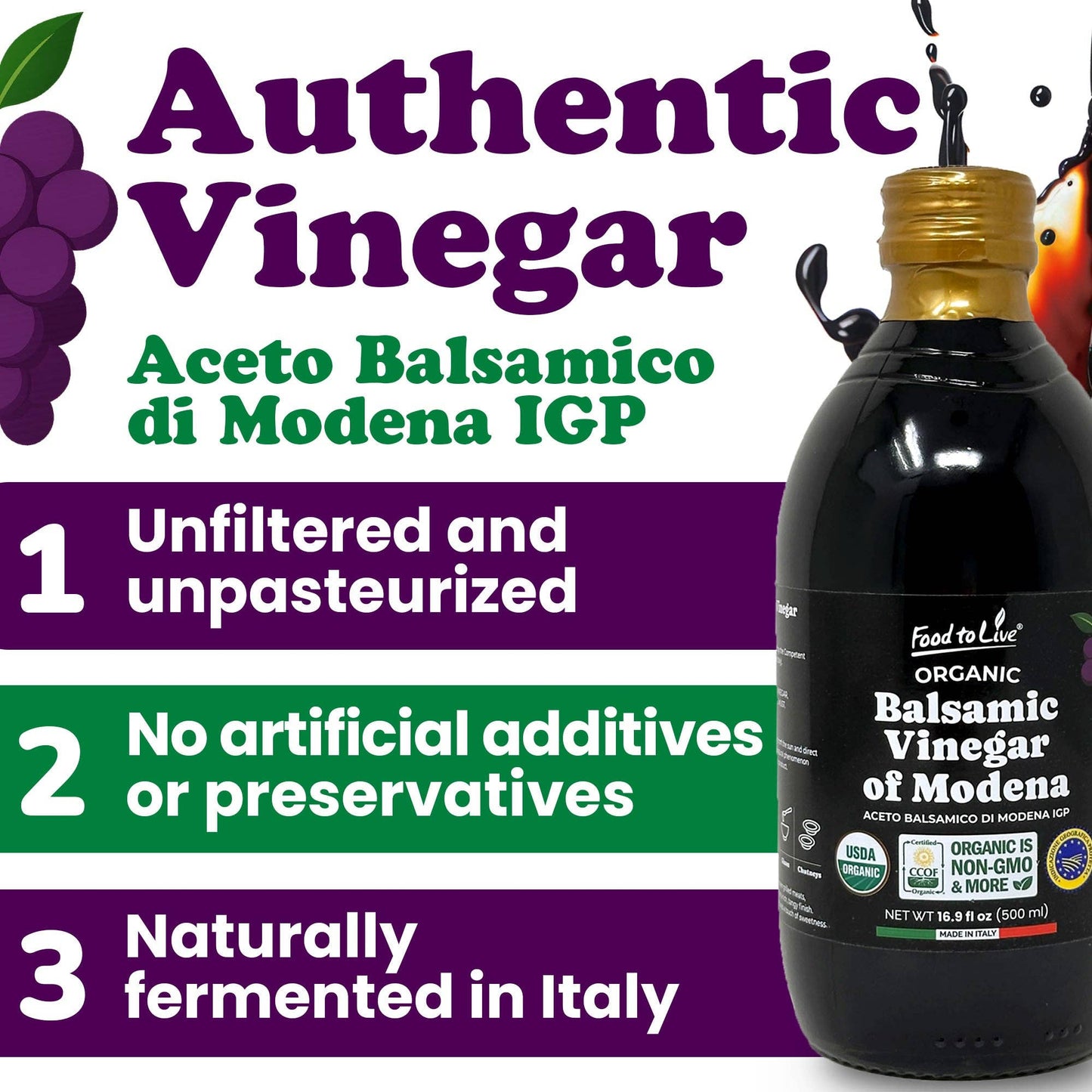 Food To Live Organic Balsamic Vinegar of Modena -16.9 fl oz (500 ml)