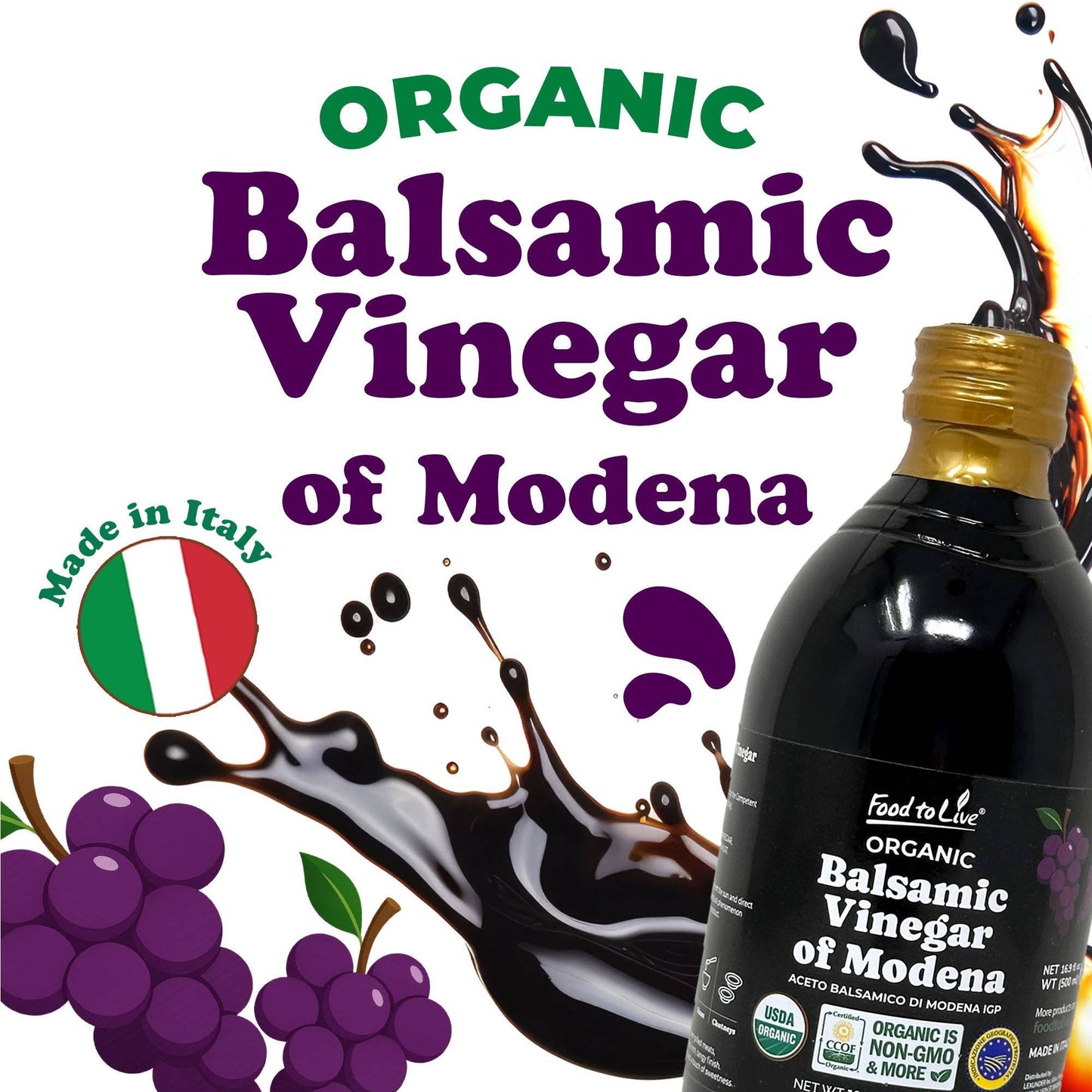 Food To Live Organic Balsamic Vinegar of Modena -16.9 fl oz (500 ml)