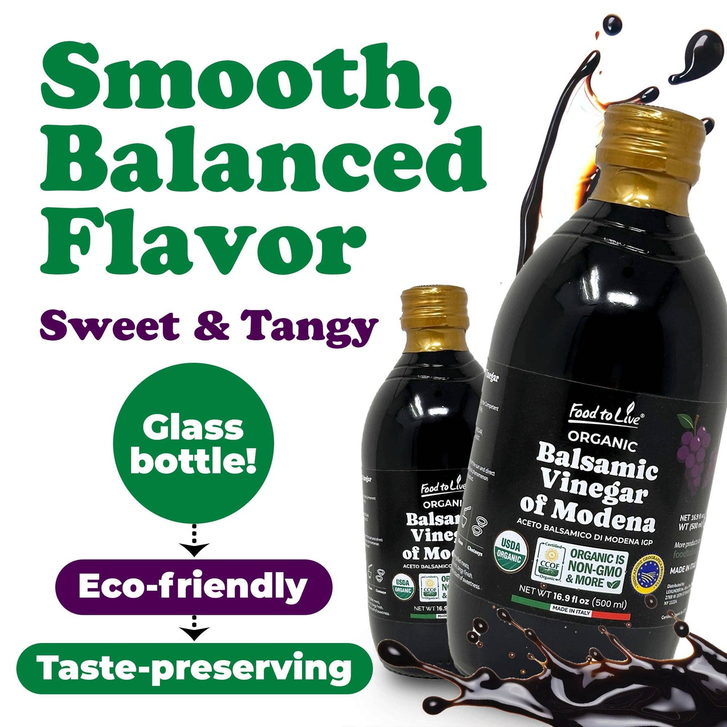 Food To Live Organic Balsamic Vinegar of Modena -16.9 fl oz (500 ml)